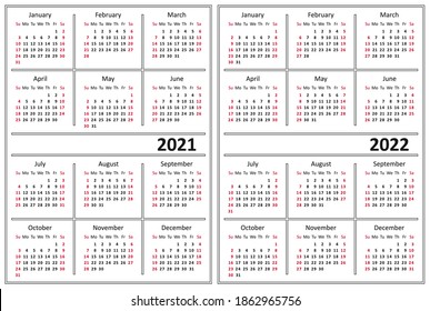 Template of a calendar of white color. A calendar for 2021 and 2022. Week starts on Sunday. 