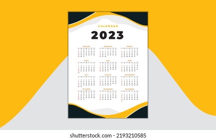 Template for the calendar for the year 2023. The planner diary is designed in a minimalist style. Business and corporate calendars. Weekly calendar in black and yellow color, week starts on Sunday