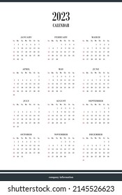 Template of calendar for year 2023. Simple monochrome project. Week start sunday. Vector design. Annual calendar. Electronic, telephone, office design. Copy space for company information.