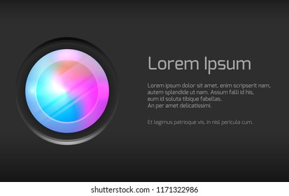 Template with camera lens with multicolored divorces and place for text on dark background. Vector element for cards, banners and your design