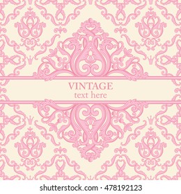 Template card with abstract baroque royal background in pink and beige colors. Vector illustration. Can use for wedding invitations, greetings card, vintage rich background with your text...