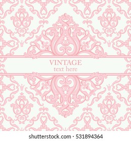 Template card with abstract baroque royal background in pink and white colors. Vector illustration. Can use for wedding invitations, greetings card, vintage rich background with your text...