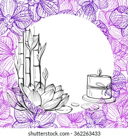 Template card. Accessories for SPA procedure. Set of vector hand drawn sketch elements.  Orchid. 