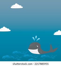 template for card or background with cartoon whale, sea and clouds. vector graphics
