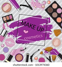 Template card beautiful cosmetics, lacquer, lipstick, powder, brushes