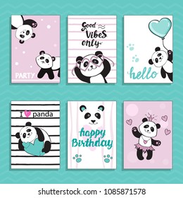 Template card with beautiful pandas Happy Birthday collection