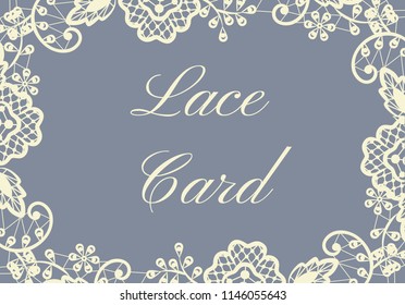 Template of card with beige lace border on gray background