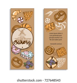Template card with cake, donut, bun, bread, mill, wafers and blueberries