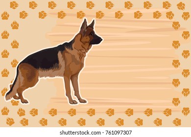A template for a card, a calendar with a frame from the tracks and a dog. German shepherd.