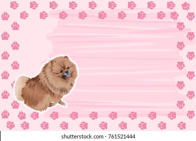 A template for a card, a calendar with a frame from the tracks and a dog. Pomeranian spitz.