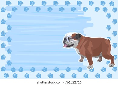 A template for a card, a calendar with a frame from the tracks and a dog. English bulldog.