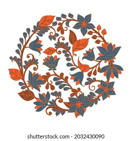 tarjeta de plantilla con arreglo de círculo hecho de flores azules y ramas marrones, hojas anaranjadas para tu diseño