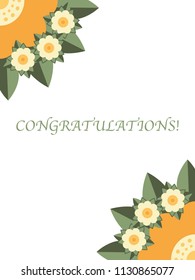 Template of a card with a composition of flowers and leaves in two opposite corners and a text sample on the white background.
