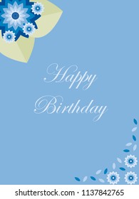 Template of a card with a composition of flowers, petals and leaves in two opposite corners and a text sample on the blue background.