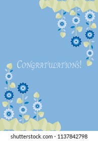 Template of a card with a composition of flowers, petals and leaves on twigs in two opposite corners and a text sample on the blue background.