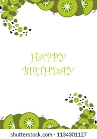 Template of a card with a composition of kiwi slices and leaves in a shape of a wave in the top and bottom and a text sample on the white background.