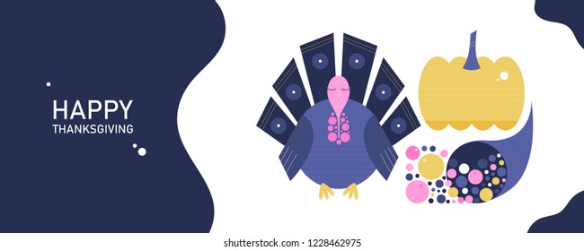 Template card concept for Thanksgiving Day in a flat style. Turkey, pumpkin, cornucopia with text Happy Thanksgiving Day. Vector illustration
