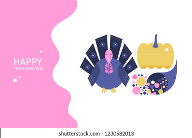 Template card concept for Thanksgiving Day in a flat style. Turkey, pumpkin, cornucopia with text Happy Thanksgiving Day. Vector illustration