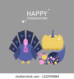 Template card concept for Thanksgiving Day in a flat style. Turkey, pumpkin, cornucopia with text Happy Thanksgiving Day. Vector illustration