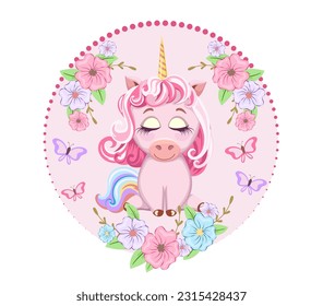 Template card cover cartoon cute pink unicorn sitting in front of floral frame with butterflies. Isolated design element on white background. Birthday card, baby shower, postcard, post, banner, poster