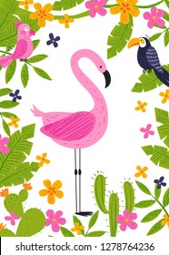 Template card with cute African birds and flowers. Toucan, cockatoo, parrot, flamingo, cactus. Vector background. Hand drawn illustration. Chalk and pencil brush texture. Funny character for kids.