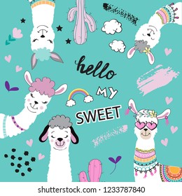 Template card with cute alpaca and inscription hello my sweet