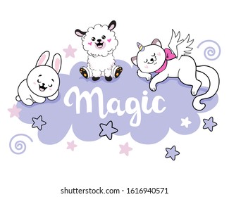 Template card with Cute animals are sitting on the clouds. White sheep, rabbit and cat unicorn. Illustration for children