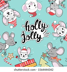 Template card with cute funny rat mouse on a blue snowy background and the inscription Holly Jolly. Symbol of Happy New Year 2020