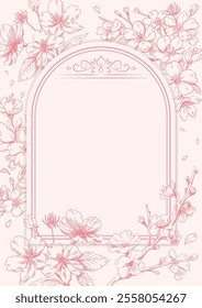 Template for card decorated with line drawing of cherry blossoms spring design material pink line drawing and white background