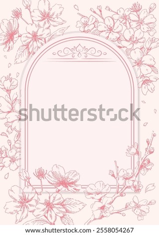 Template for card decorated with line drawing of cherry blossoms spring design material pink line drawing and white background
