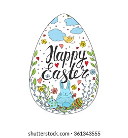 Template card with eggs, bunny and flowers. Handwritten Inscription Happy Easter. Vector background. Lettering.