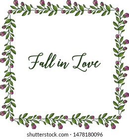 Template for card fall in love, with beautiful green leaves and purple floral frame. Vector