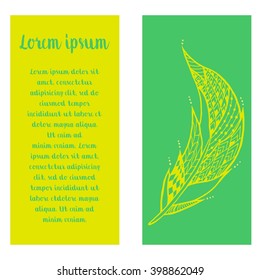 Template card with feather in zentangl style in yellow and green colors. 