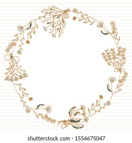 Template for card, flayer or invitation of hand-drawn wreath of bouquets and flowers of lavender, rose, chamomile and peon on a white background whith golden strips. Place for text. Vector. 