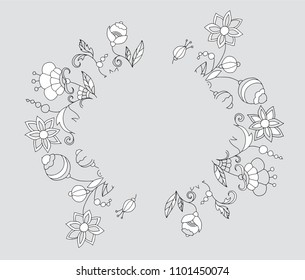 Template for a card with flowers. Frame with linear floral pattern on light beige background. Gentle maiden drawing. Background for lettering, flyer, poster or web page.