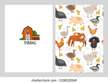 Template card, flyer. Seamless pattern with farm animals, farmhouse, agricultural domestic fowl. Flat cartoon illustration. Hand drawn vector. Chicken, sheep, duck, cow, pig, turkey, cock, guinea fowl