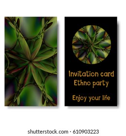 Template card with green floral pattern and sample text for invitations to party, music event, yoga training and other design needs. Vector illustration of brochure, banner, placard, poster and other