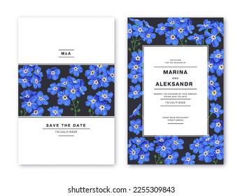 Template card  greeting  flyer  label  advertising banner post design and botanical elements  Realistic blue forget  me  not flowers dark background  Vector detailed plants drawn by hand  