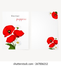 Template card for greeting, invitation, wedding, birthday, Easter with chamomile and red flowers poppies