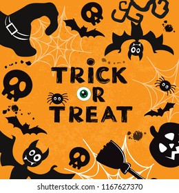 Template card for Halloween with pumpkin and bat, and lettering Trick or treat on a orange background