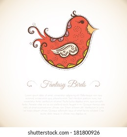 Template of card with hand drawn fantasy bird