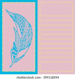 Template card with hand drawn feather in zentangle style. For pillow or feather shop. 