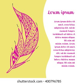 Template card with hand drawn feather in zentangle style. For pillow or feather shop. 