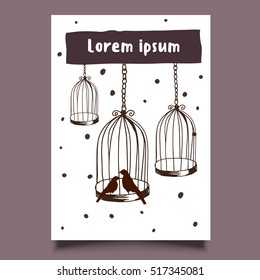 Template card hand drawn illustration group birds cage