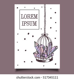 Template card hand drawn illustration cage and minerals