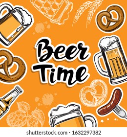 Template card with hand drawn sketch illustration with glasses of beer and the inscription beer time on a orange background