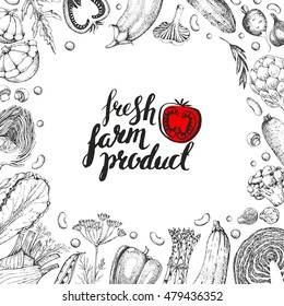 Template card. Hand drawn vegetables in style engraving. Food vector background. Natural vegetarian eco product. Modern brush calligraphy. Lettering, handwritten inscription.