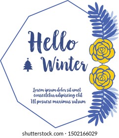 Template for card handwritten hello winter, with pattern of gold rose flower frame and blue leaves elegant. Vector