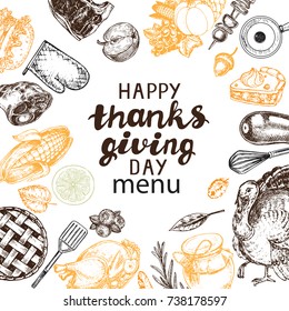 Template card Happy Thanks giving Day menu with hand drawn thanks giving elements