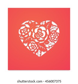 Template card heart with flowers for laser cutting. Roses and wedding leaves, save the date, Valentine's Day. Stencil for paper, plastic, wood.